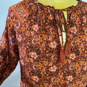American Eagle Boho Floral Tassel Tie Blouse Small Burnt Orange Peasant Top